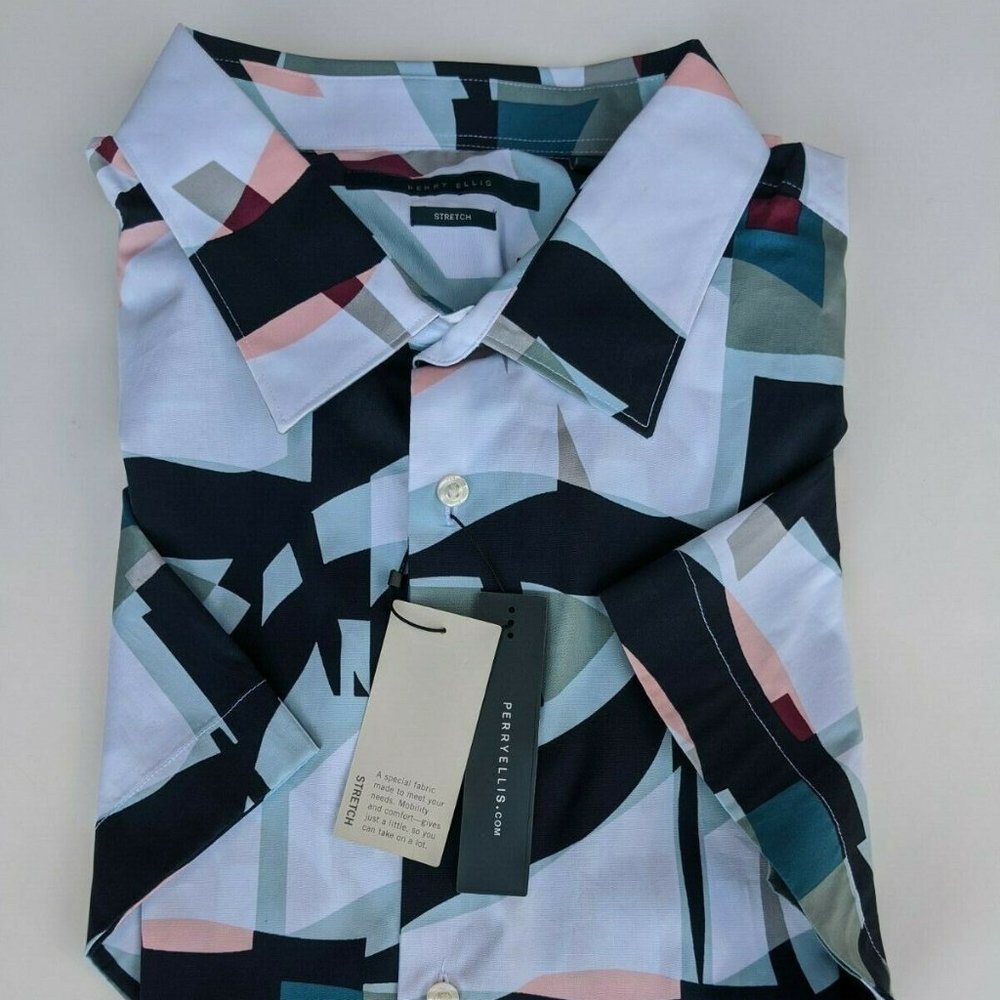 Big & Tall 2X Perry Ellis Stretch Stormy Sea S/S Men's Shirt NWT $75.00